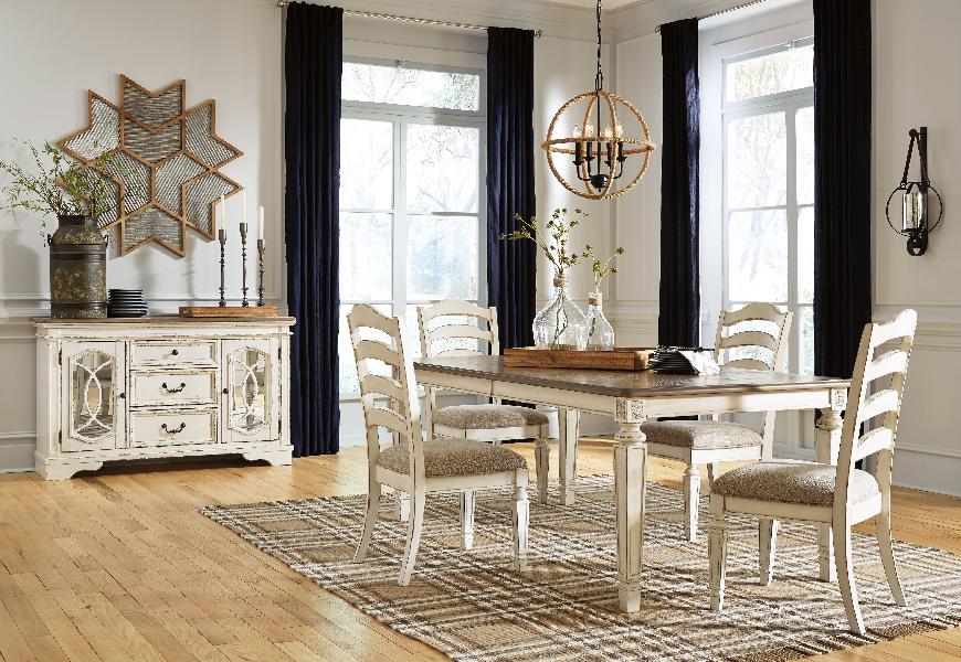 Image of Realyn - 6 Pc. - Extension Table, 4 Ladderback Side Chairs, Server - White