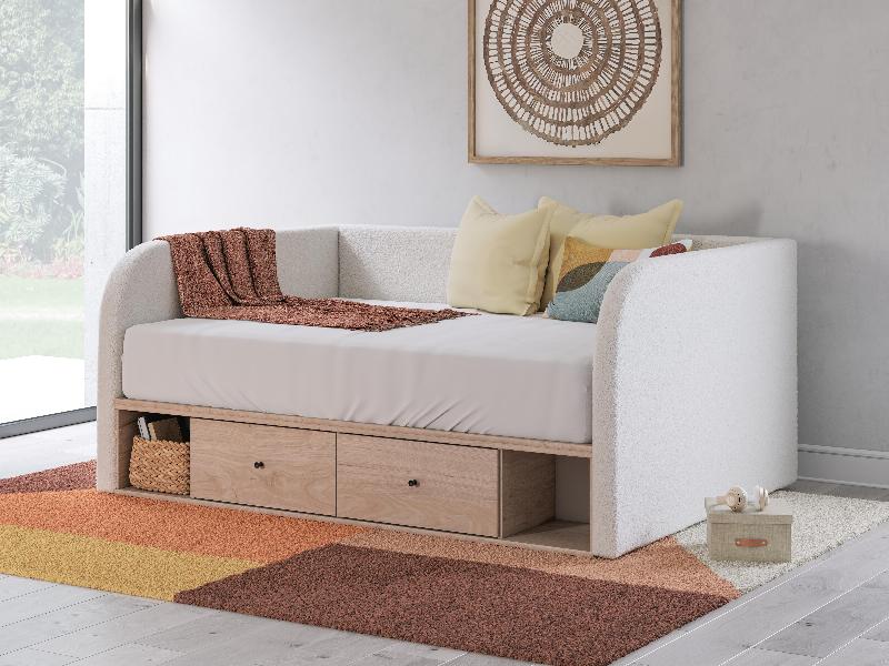 Image of Arloster - Full Upholstered Day Bed With Storage - Tan / White