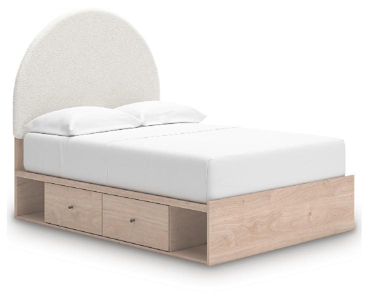 Image of Arloster - Full Upholstered Panel Bed With 2 Under Bed Storage Units - Tan / White