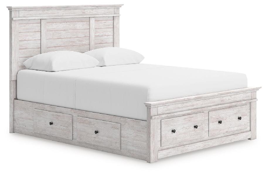 Image of Makidern - Queen Panel Storage Bed With Under Bed Storage Unit And Storage Footboard - Whitewash