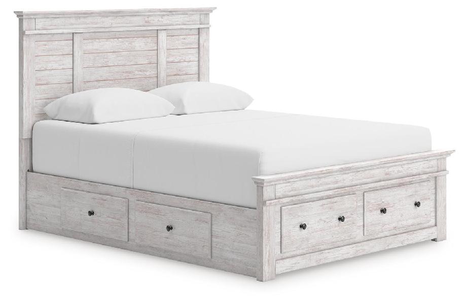 Image of Makidern - Queen Panel Storage Bed With 2 Under Bed Storage Units And Storage Footboard - Whitewash