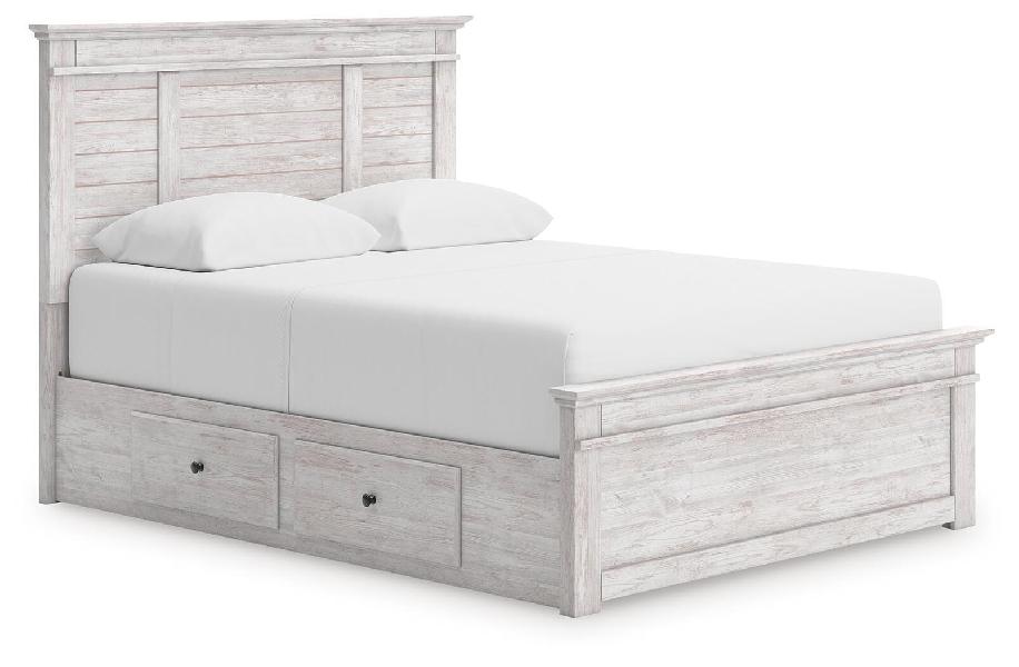 Image of Makidern - Queen Panel Storage Bed With 2 Under Bed Storage Units - Whitewash