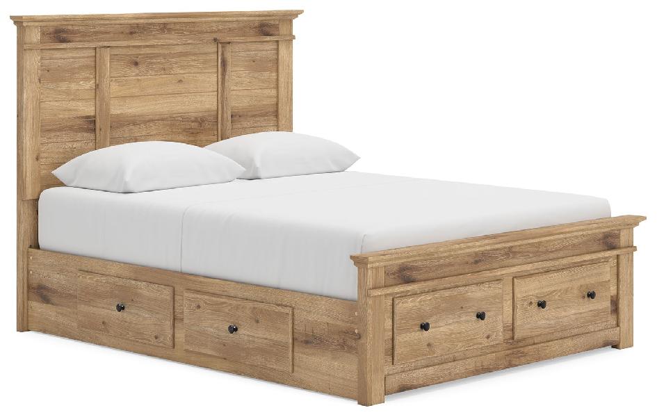Image of Makidern - Queen Panel Storage Bed With 2 Under Bed Storage Units And Storage Footboard - Tan