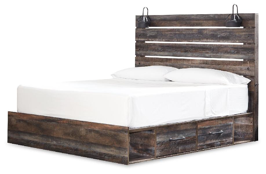 Image of Drystan - King Panel Bed With 4 Side Drawers - Brown / Beige