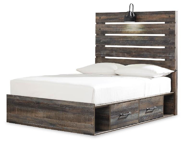 Image of Drystan - Full Panel Bed With 4 Side Drawers - Brown / Beige