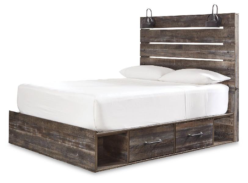 Image of Drystan - Queen Panel Bed With 2 Side Drawers - Brown / Beige