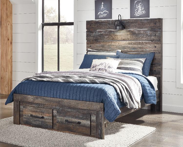 Image of Drystan - Full Panel Bed With 2 Storage Drawers - Brown / Beige