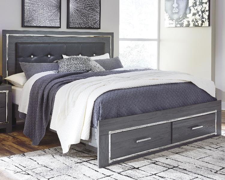 Image of Lodanna - King Panel Bed With 2 Storage Drawers - Gray