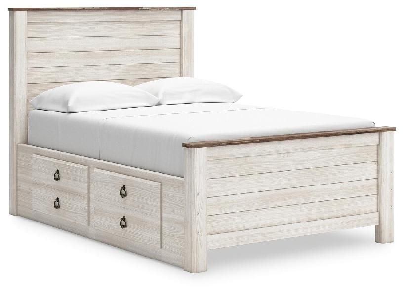 Image of Willowton - Full Panel Bed With 2 Storage Drawers - Whitewash