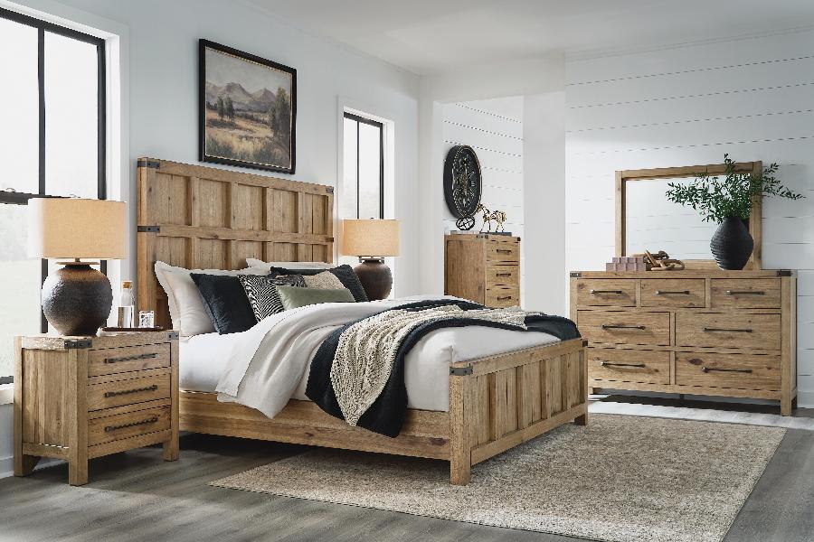 Image of Ridgester - 8 Pc. - Dresser, Mirror, Chest, California King Panel Bed, 2 Nightstands - Light Brown