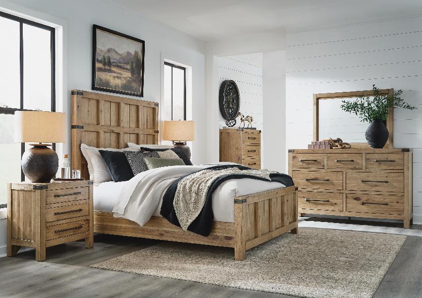 Image of Ridgester - 7 Pc. - Dresser, Mirror, Queen Panel Bed, 2 Nightstands - Light Brown