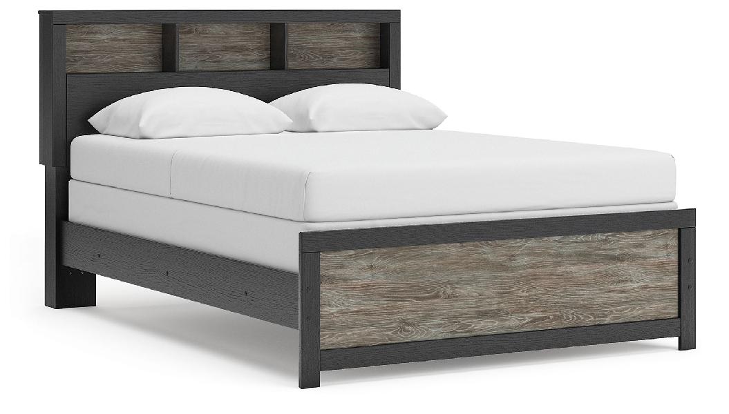 Image of Broachmyn - Queen Lighted Bookcase Panel Bed - Black / Gray