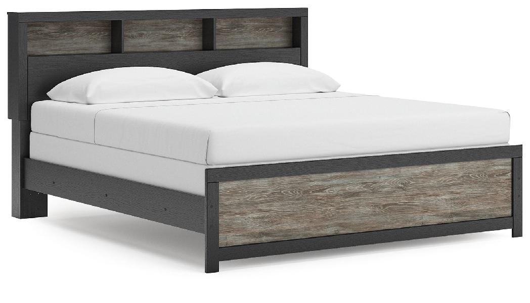 Image of Broachmyn - King Lighted Bookcase Panel Bed - Black / Gray