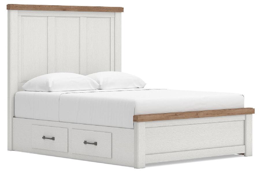 Image of Savonport - Queen Panel Bed With 2 Under Bed Storage Units - White / Brown