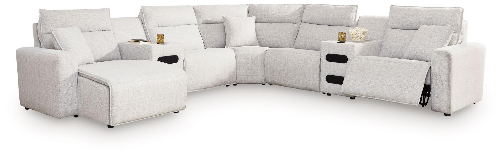 Image of Modmax II - 7-Piece Power Reclining Sectional With LAF Press Back Power Chaise And Audio Consoles - Stone